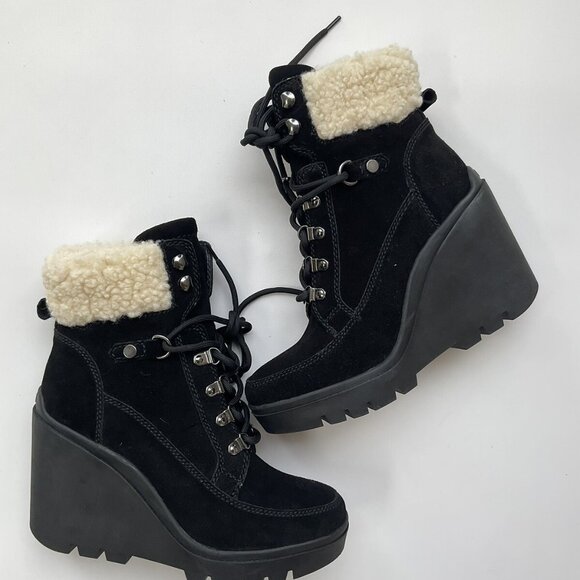 Guess Women’s Taanya Leather Wedge Booties Black Suede Size 9 - Picture 1 of 8